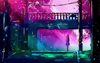 Loneliness, sava g, blue, girl, pink, fantasy, green, bridge, luminos, silhouette HD wallpaper