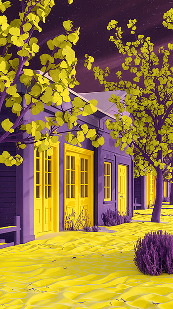 Vibrant Doorways: A Colorful , yellow, tree, landscape, Digital Art HD phone wallpaper