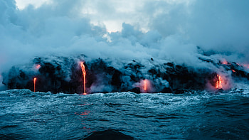 Volcanic Lava Pouring into the Sea, Sea, Nature, Volcanoes, Mountains, Oceans, Lava HD wallpaper