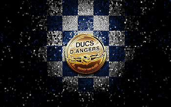 Ducs DAngers, glitter logo, Ligue Magnus, blue white checkered background, hockey, french hockey team, Ducs DAngers logo, mosaic art, french hockey league, France HD wallpaper