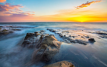 Ocean Sunset, clouds, nature, rocks, sunset, ocean HD wallpaper