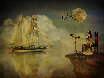 waitinng on you - mon amour..., sea, fool moon, birds, sail boath, painting, fantasy, waiting, woman HD wallpaper