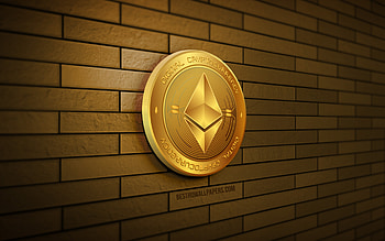 Ethereum golden logo, , yellow brickwall, creative, cryptocurrency, Ethereum 3D logo, Ethereum logo, 3D art, Ethereum HD wallpaper
