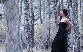 Alone, landscape, femininity, girl, brunettes, beauty, woman, black dress, lady, body, trees, models, hair, forest, sensual, long HD wallpaper