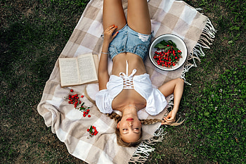 Dreamer, view from the top, nikolay novikov, model, cherry, fruit, girl, woman, picnic, blonde HD wallpaper