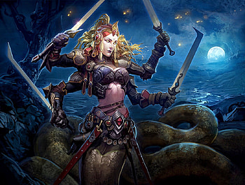 SWORD WOMAN, swords, moon, armandeo, dota, hydra, mountains HD wallpaper