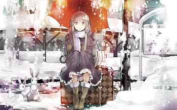 Anime, Snow, Girl, Umbrella, Hare HD wallpaper