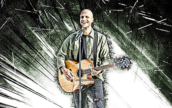 Milow, grunge art, belgian singer, music stars, belgian celebrity, Milow with guitar, green abstract rays, Jonathan Ivo Gilles, superstars, Milow HD wallpaper