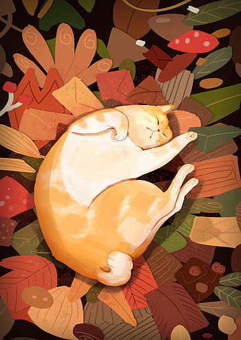 Funny, Art, Leaves, Cat, Lazy HD phone wallpaper