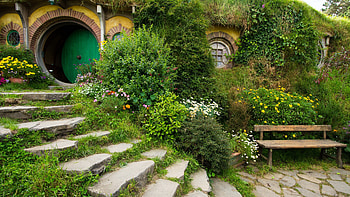 Hobbiton New Zealand, Bench and shrubs, U TV , Nature's beauty HD wallpaper