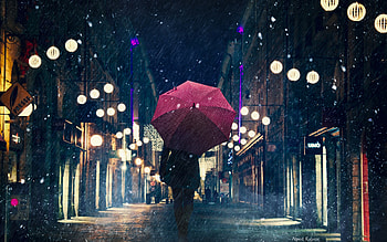 Silhouette, man with an umbrella, walk, umbrella, street, night, city HD wallpaper