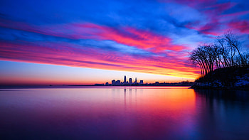 Cleveland, Colorful sunset, Sky reflections, Serene landscape HD wallpaper