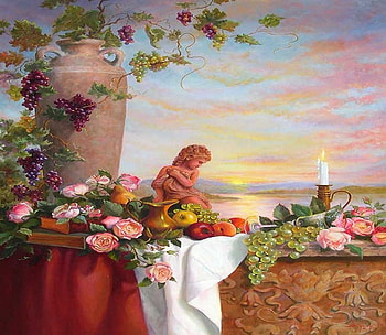 cherubs feast, cherub, candle, grapes, vase, vines, fruits, fire HD wallpaper