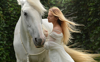 Girl and Horse, girl, horse, white, blondy HD wallpaper