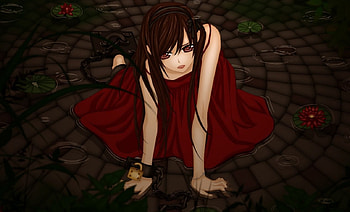 Chained, Brunette, Alone, Sad, Anime, Chain, Captured, Red dress HD wallpaper