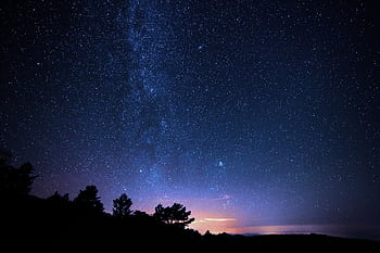 Vivid starry night sky with Milky Way visible above the silhouette of trees in Bacares, Spain. HD wallpaper