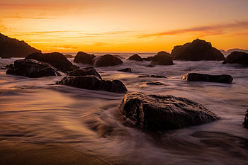 Nature, Sunset, Stones, Sky, Sea, Coast HD wallpaper