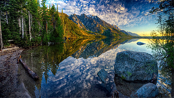Jenny Lake, Wyoming, reflection, trees, landscape, sky, rocks, mountains, water, usa HD wallpaper