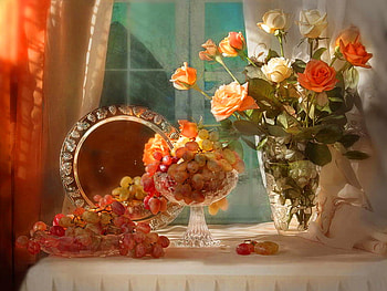 Still life, mirror, white, roses, vase, beautiful, orange, nice, reflection, pretty, flowers, lovely, harmony HD wallpaper