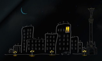 Night, black, lamp, car, stars, houses, darkness, abstract, moon, window, art, city, house, dark, light, lights, street HD wallpaper