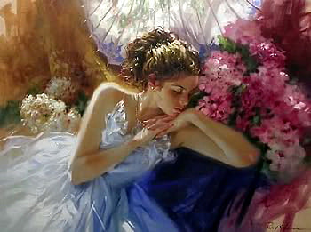 Sweet dreams, window, pink and white, blue dress, flowers, sleeping, woman HD wallpaper