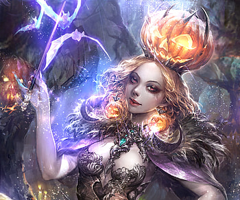 Halloween, hoyhoykung, fantasy, art, pumpkin, girl, luminos, orange HD wallpaper