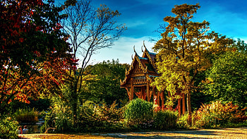 Sendling-Westpark, Munich, Bavaria, clouds, germany, pagoda, trees, bushes, landscape, sky HD wallpaper