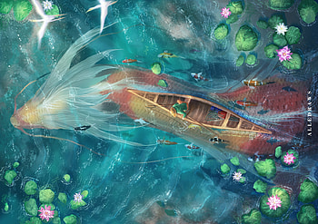 Koi dragon, blue, boat, alleff augusto, art, koi, summer, view from the top, pesti, dragon, luminos, fish, water, vara HD wallpaper
