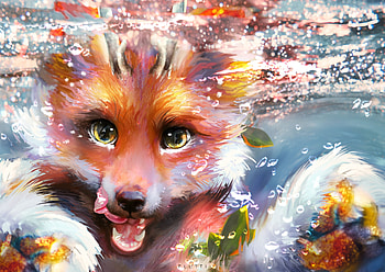 Young Joy, flutti, charline k, frumusete, art, vulpe, fox, summer, fantasy, face, luminos, water, vara HD wallpaper