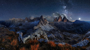 Dry Grass Bushes Snow Covered Rock Mountains Under Starry Blue Sky Mountain HD wallpaper