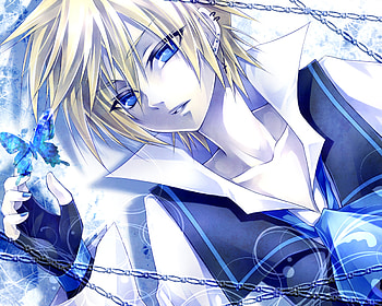Kagamine Len, sexy, blue eyes, vocaloid, anime, butterfly, cool, blonde hair, male HD wallpaper