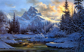 The Big Mountain, winter, trees, mountain, snow, water HD wallpaper