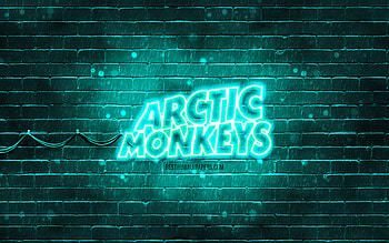 Arctic Monkeys turquoise logo, , british rock band, music stars, turquoise brickwall, Arctic Monkeys logo, Arctic Monkeys neon logo, Arctic Monkeys HD wallpaper