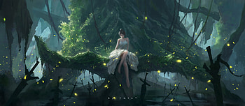 Fireflies, 3mint, night, frumusete, firefly, green, luminos, girl, dark, fantasy HD wallpaper