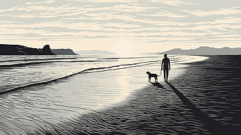 Serene Beach Walk with Dog -, seaside, dog, walking, artistic, beach HD wallpaper