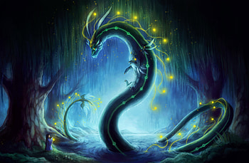 Play With Me?, little girl, cute, beautiful, dark, play, fantasy, light, dragon, friend, forest, child HD wallpaper