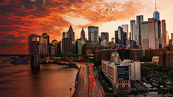 Manhattan Bridge, Sunset silhouette, Vibrant cityscape, Breathtaking views HD wallpaper