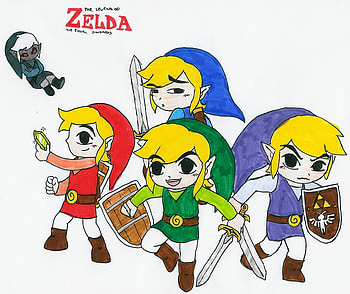 Four Swords, blue, sheild, toon link, shadow, sword, ruppee, link, tunic, green, red, zelda, video games, vio HD wallpaper