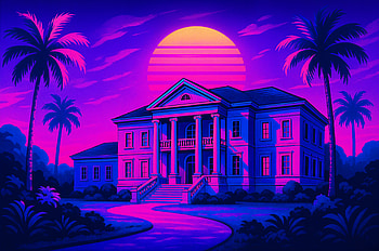 Mansion at Sunset, mansion, palm tree, neon colors, tropical HD wallpaper