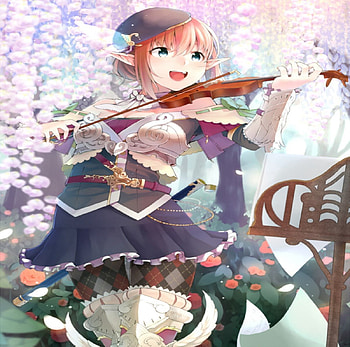 Happy Elf, black, cute, violin, beauty, lady, music, short hair, trees, happy, happiness, skirt, sweet, white, art, jacket, girl, beautiful, elf, pink, anime, green, flowers, lovely, forest HD wallpaper