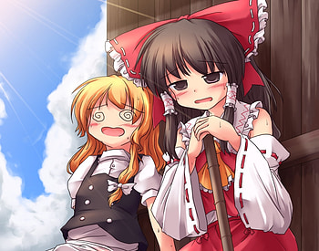 Don't drink on hot days!, dizzy, ribbon, hakurei reimu, hot, witch, miko, touhou, sky, blush, sun, kirisame marisa, hat, cloud HD wallpaper