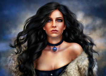 Yennefer, pendant, blue, sorceress, alenekaterinburg, amethyst eyes, fur, portrait, frumusete, art, brunette, the witcher, woman, purple, jewel, fantasy, luminos HD wallpaper