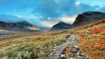 Kebnekaise, Sweden, rocks, path, stones, clouds, landscape, sky HD wallpaper