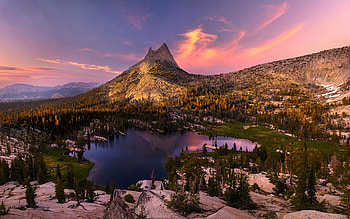 Upper Cathedral Lake Paradise, California, clouds, landscape, sky, sunset, mountain, usa HD wallpaper
