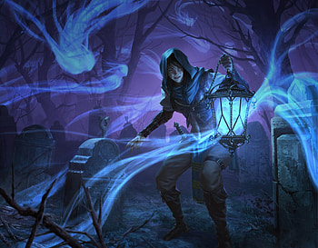 Prowling geistcatcher, blue, night, fantasy, lie setiawan, girl, lantern, dark HD wallpaper