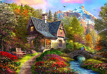 Fishing With Dad, river, bench, artwork, digital, trees, bridge, flowers, cottage, mountains HD wallpaper