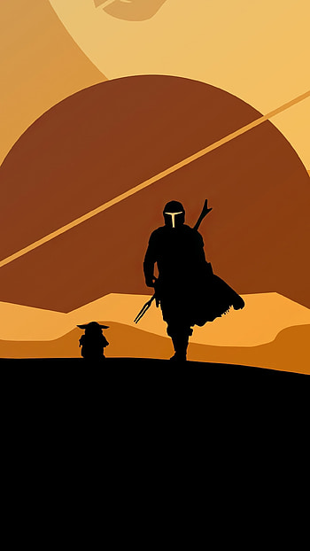 The Mandalorian and Yoda, Silhouette artwork, Minimalistic design, Striking contrast HD phone wallpaper