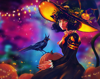 Witch, blue, black, halloween, pumpkin, hat, bird, girl, indicreates, orange, raven, pink, crow, fantasy, yellow, luminos, pasari HD wallpaper