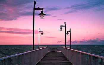 Pier at Evening, sea, blue, pink, lanterns, pier, evening HD wallpaper