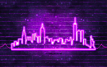 New York violet neon silhouette, , violet neon lights, New York skyline silhouette, violet brickwall, american cities, neon skyline silhouettes, USA, New York silhouette, New York, NYC HD wallpaper